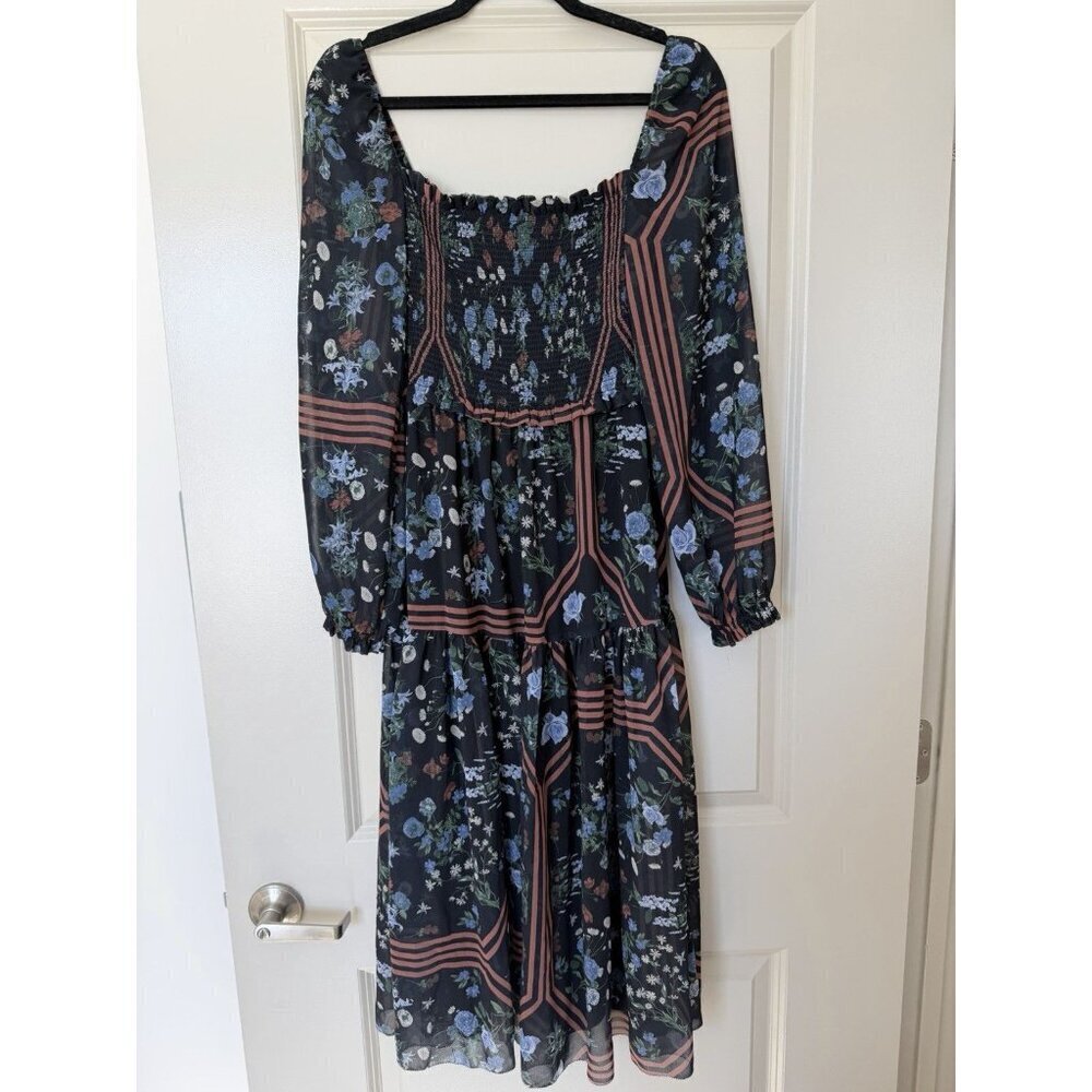 Aritzia Wilfred Tempest Long Sleeve Smocked Midi Dress Black Floral Pattern XS